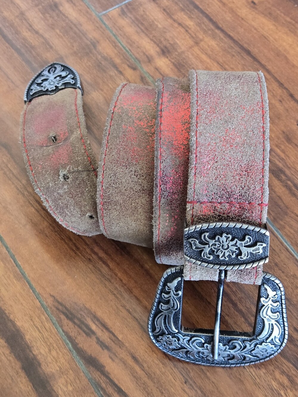 Free People Boho Western Suede Belt Distressed Brown with Red Metallic Finish